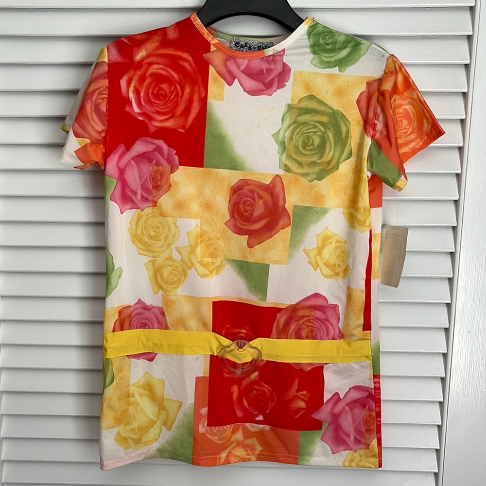 NEW TRUE VINTAGE 90's DEADSTOCK KIDS ROSE FLORAL PRINT BELTED STRETCH SHIRT